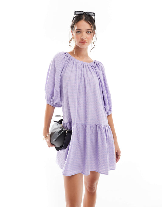ASOS DESIGN puff sleeve smock mini dress in lilac gingham