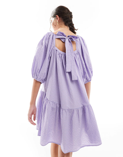 ASOS DESIGN puff sleeve smock mini dress in lilac gingham