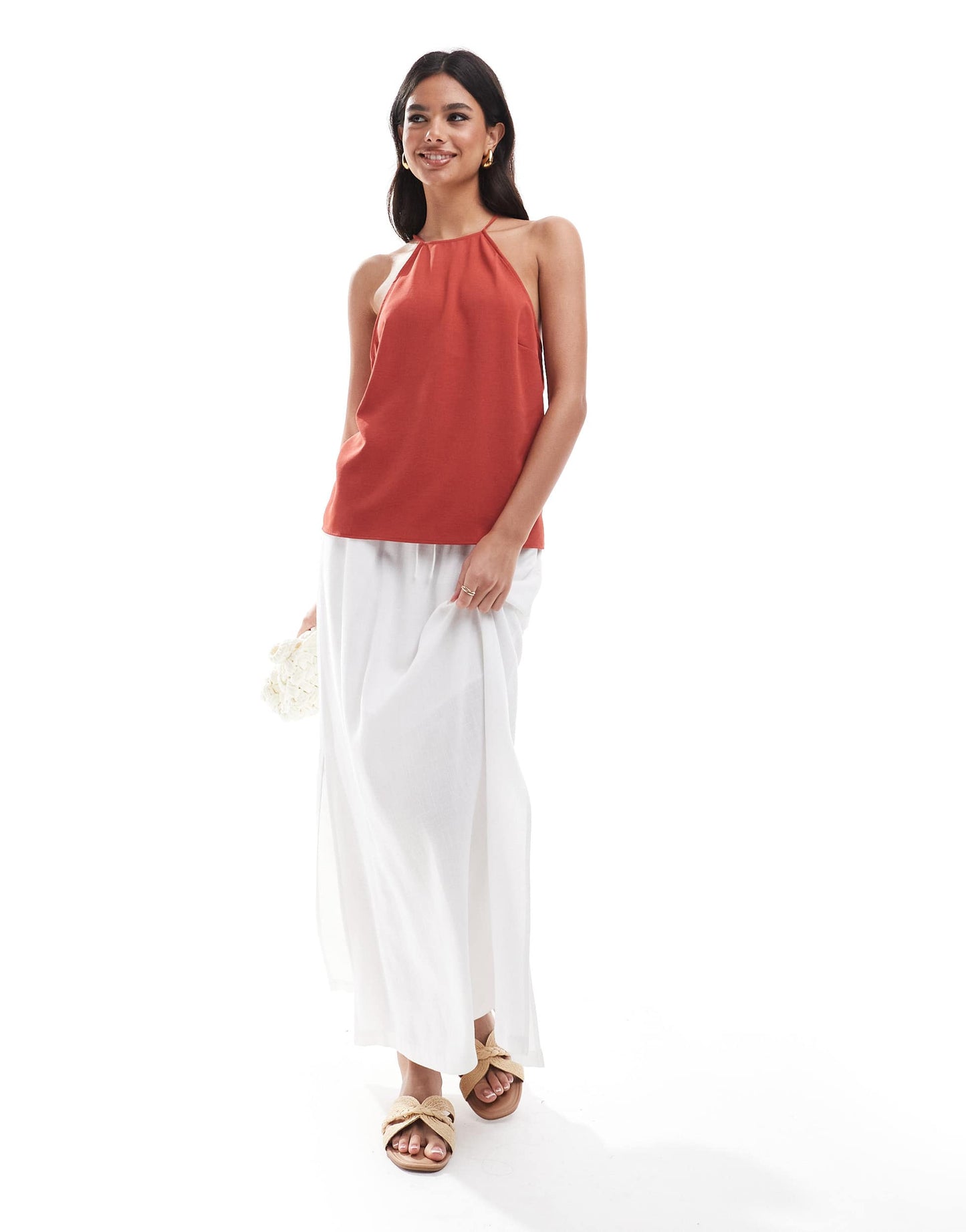 ASOS DESIGN cupro halter neck cami with strappy back in terracotta