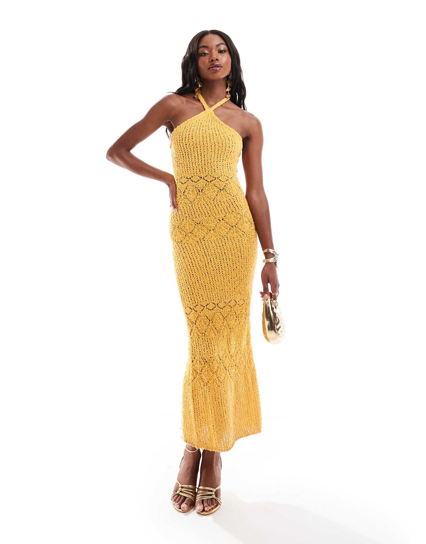 Bershka textured halterneck knitted maxi dress in orange