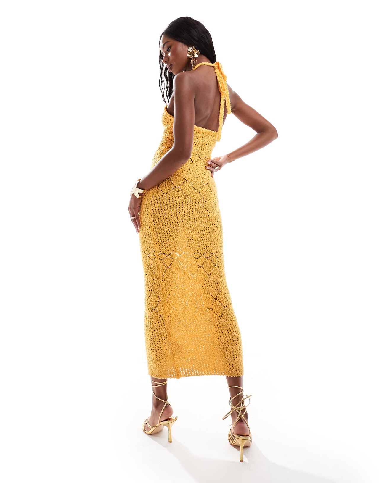 Bershka textured halterneck knitted maxi dress in orange