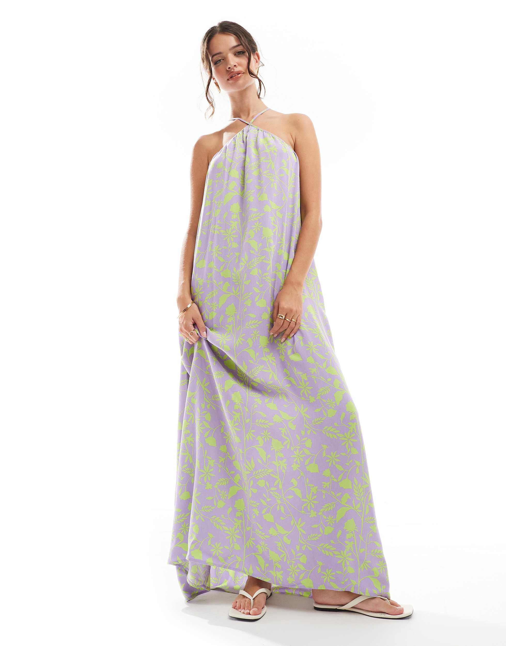 ASOS DESIGN viscose trapeze maxi dress in purple and green floral print