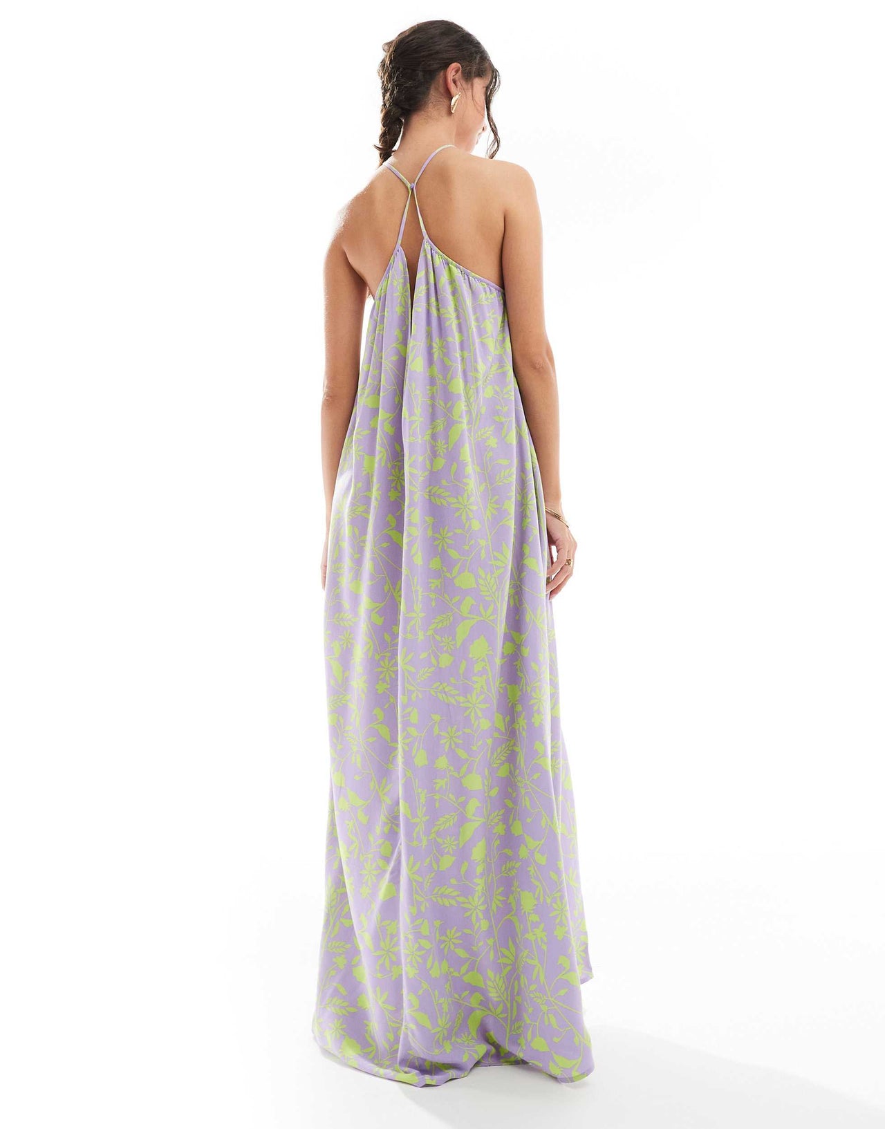 ASOS DESIGN viscose trapeze maxi dress in purple and green floral print