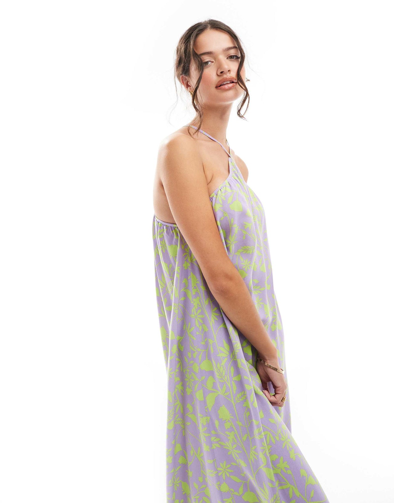 ASOS DESIGN viscose trapeze maxi dress in purple and green floral print