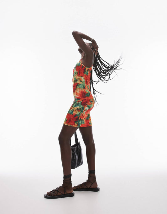Topshop square neck mini dress in bright floral print in multi