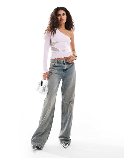 Heretic Nine Exclusive one shoulder slinky top with floral lace cut out