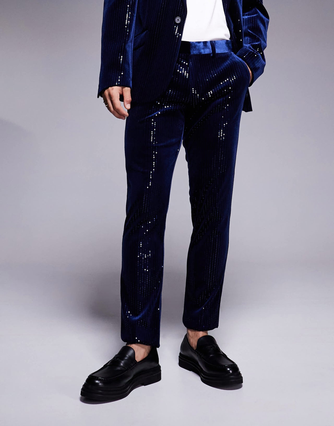 ASOS DESIGN skinny suit trousers in velvet sequin in navy