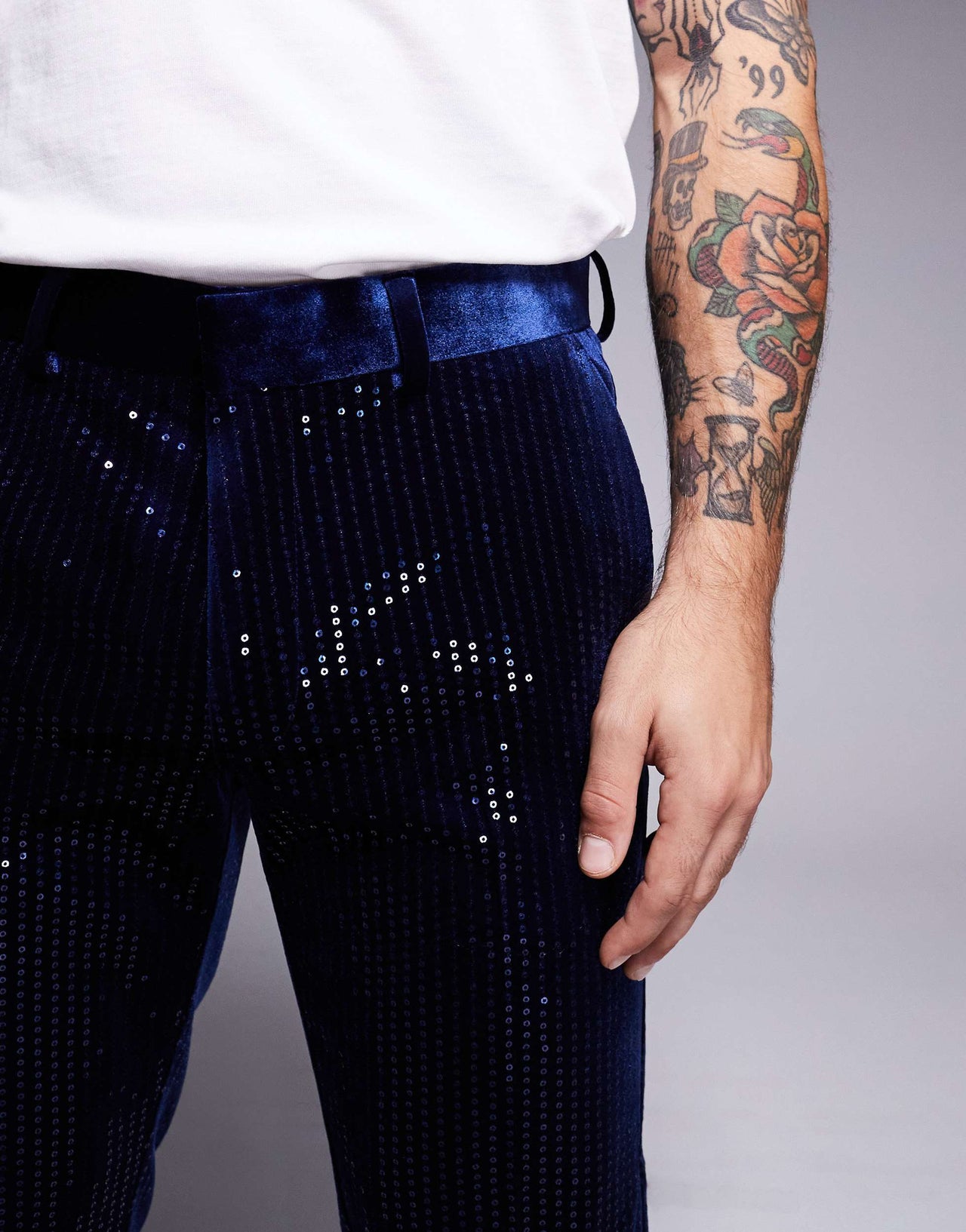 ASOS DESIGN skinny suit trousers in velvet sequin in navy
