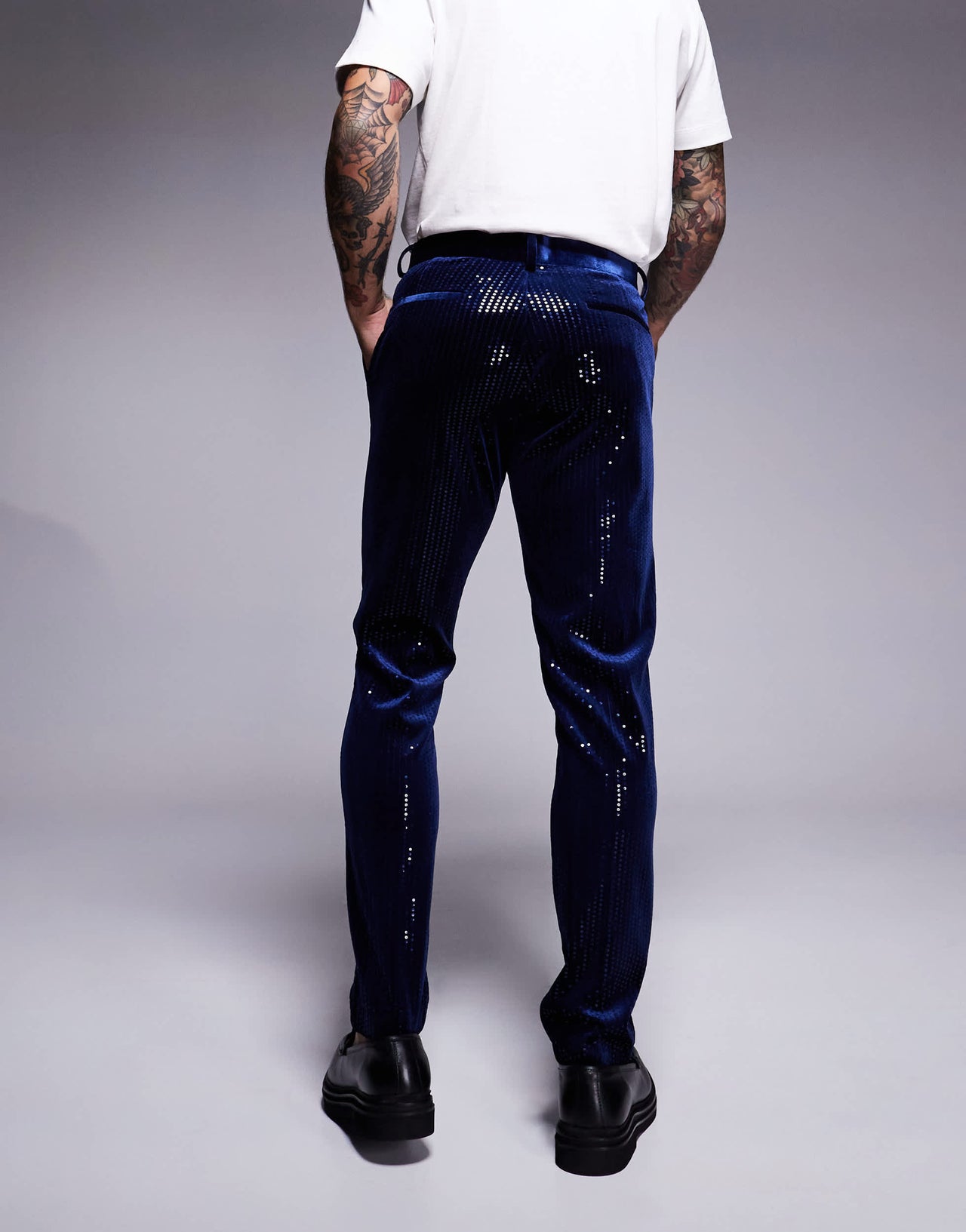 ASOS DESIGN skinny suit trousers in velvet sequin in navy