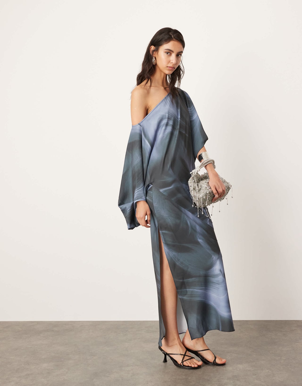 ASOS EDITION satin slouchy off shoulder maxi dress in grey abstract print