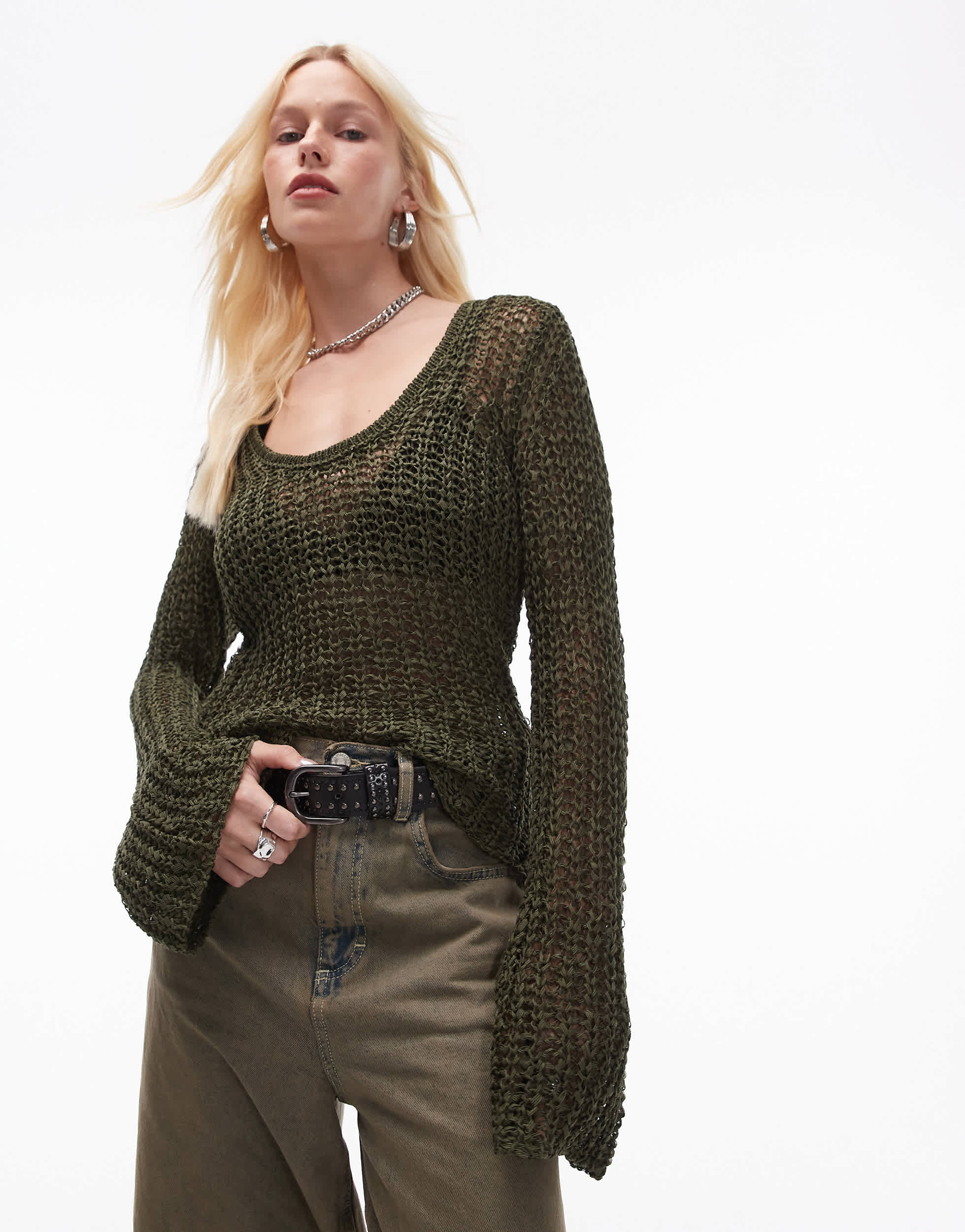 Topshop knitted scoop neck open stitch top in green