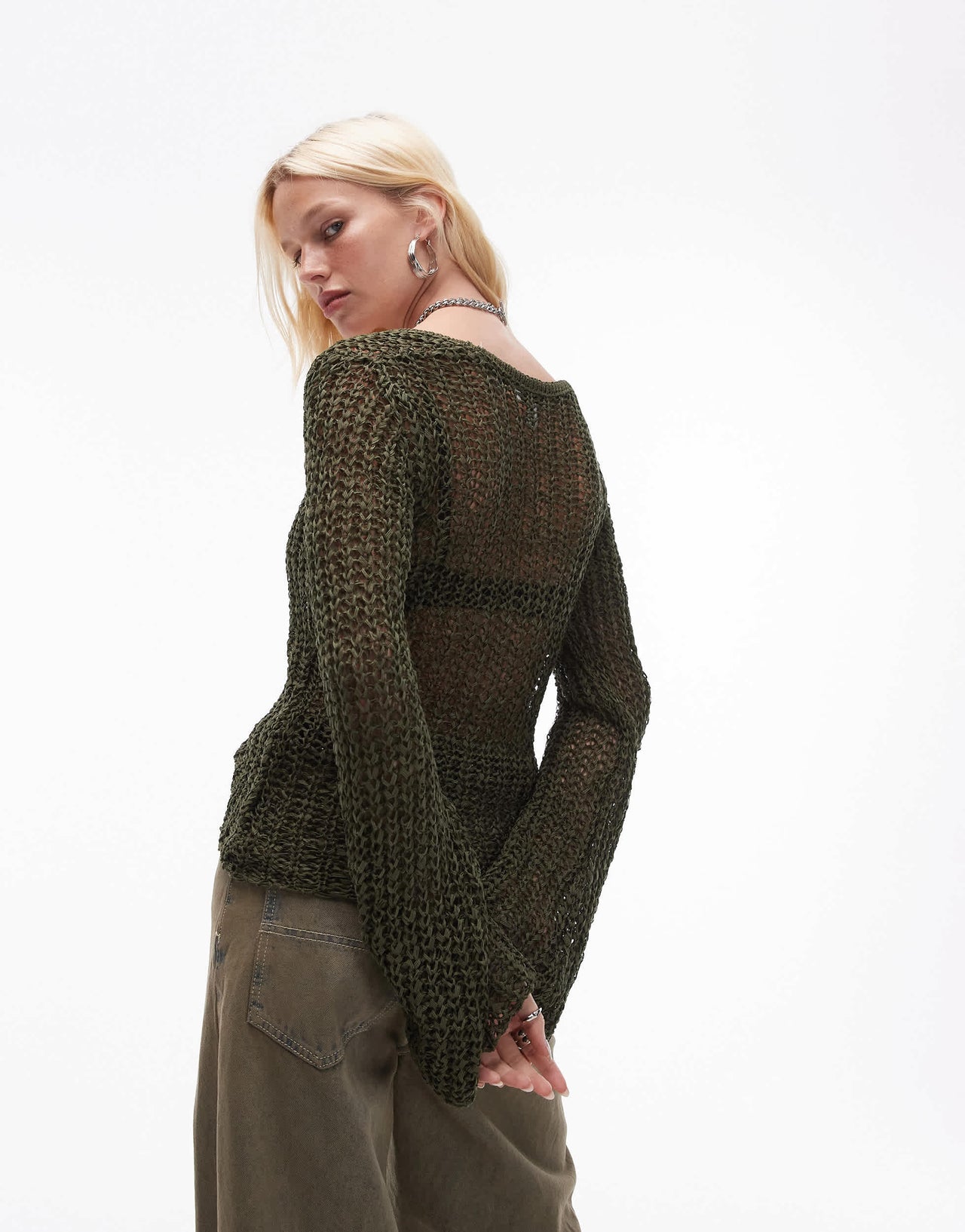 Topshop knitted scoop neck open stitch top in green