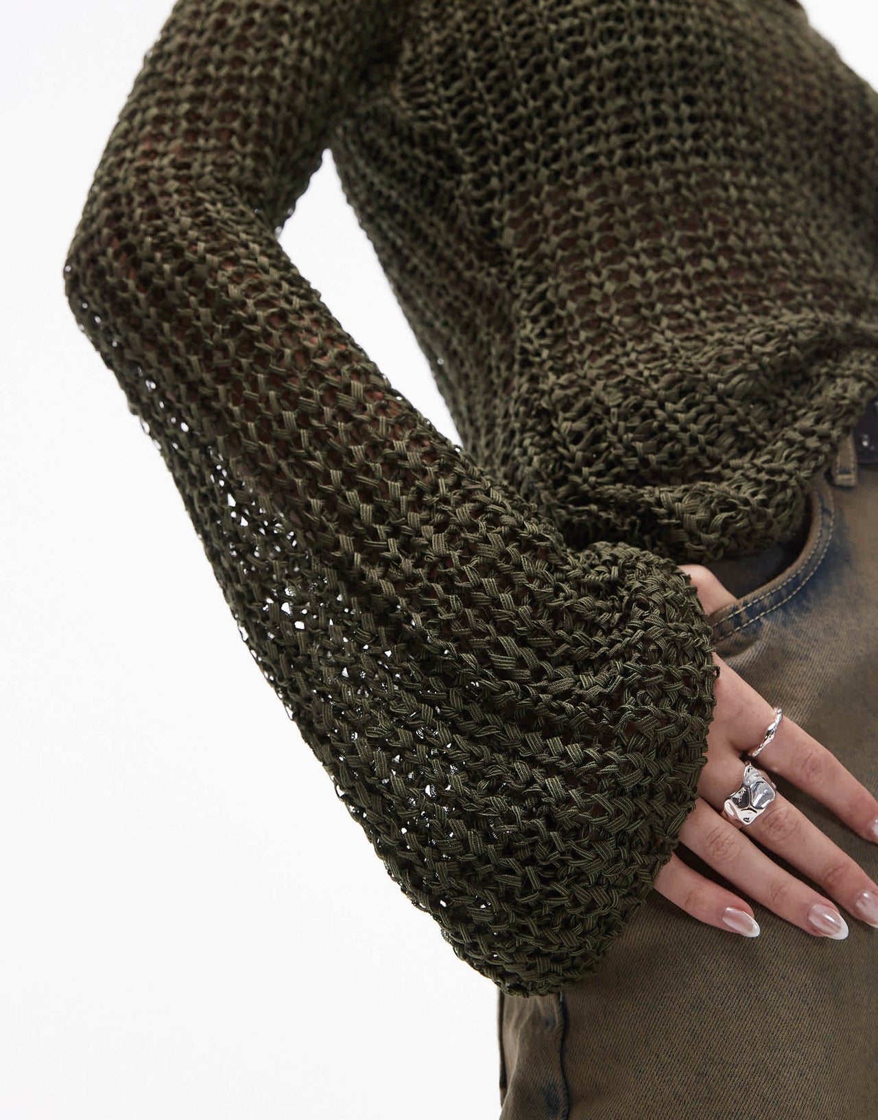 Topshop knitted scoop neck open stitch top in green