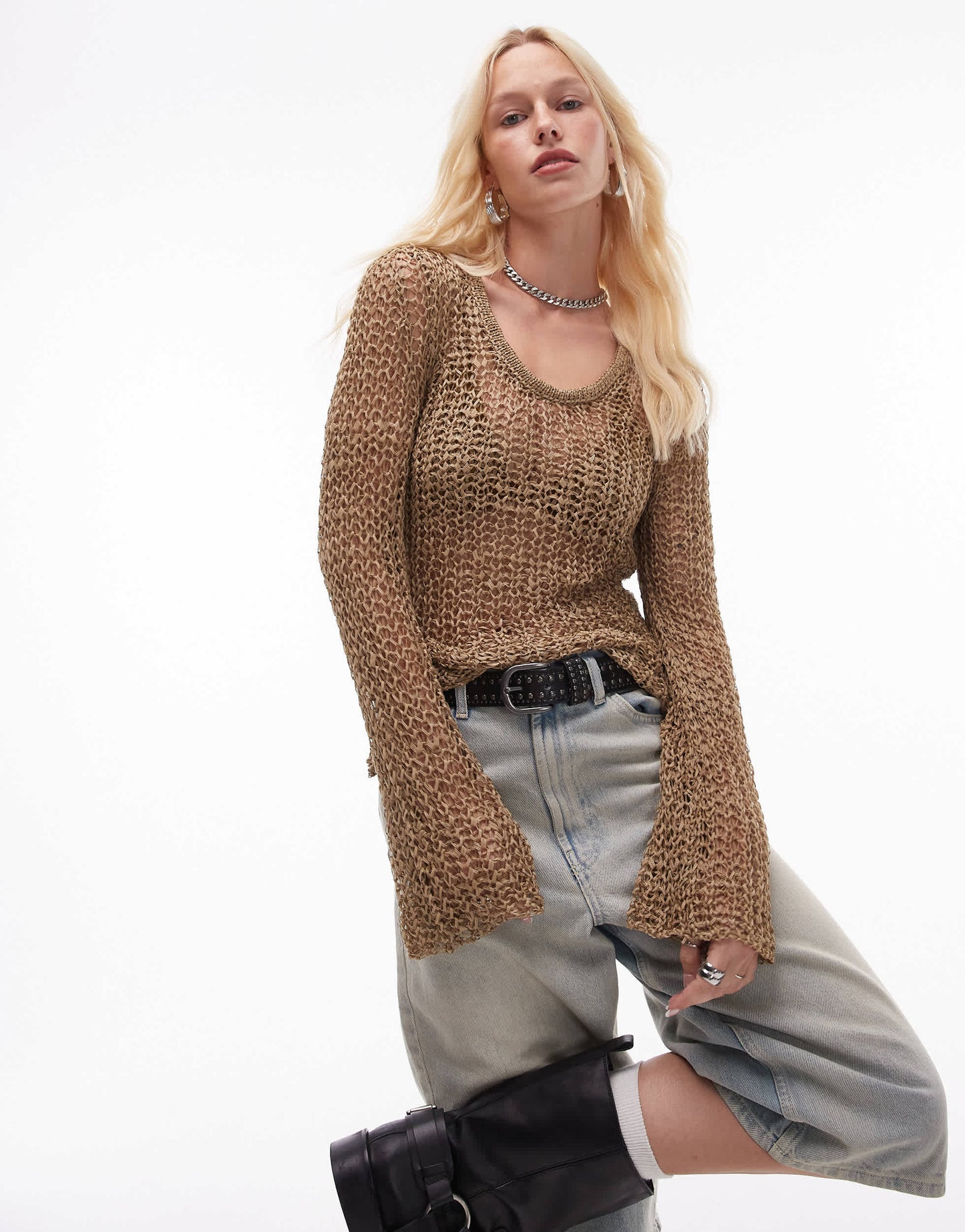 Topshop knitted scoop neck open stitch top in mink