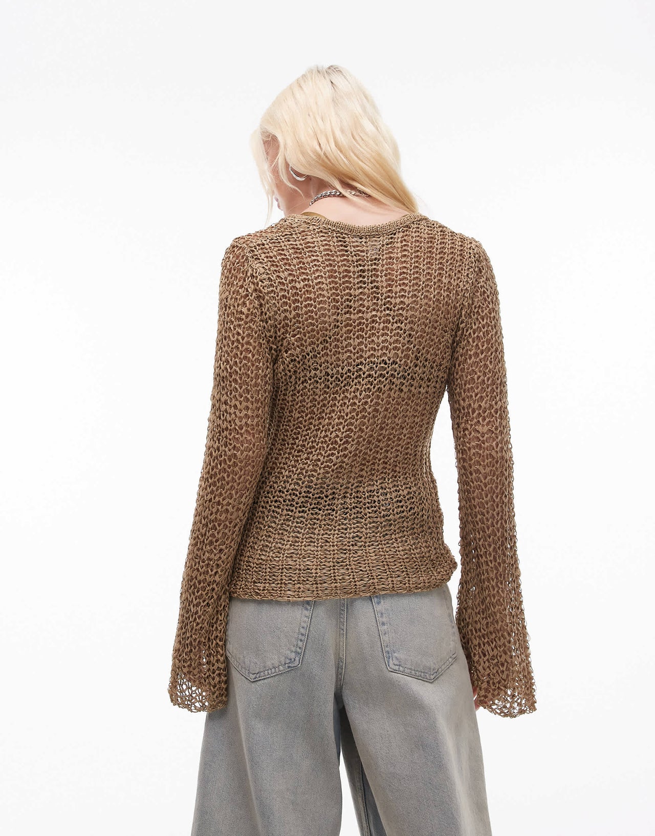 Topshop knitted scoop neck open stitch top in mink