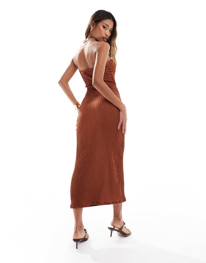 ASOS DESIGN textured keyhole bandeau column maxi dress in rust