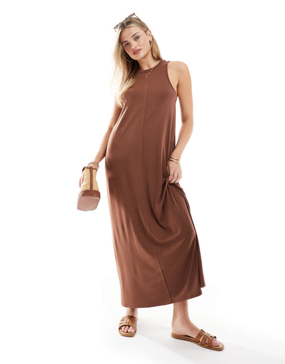 ASOS DESIGN ribbed slinky a line maxi dress in brown