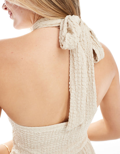 ASOS DESIGN crinkle halter playsuit in stone