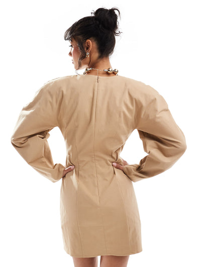 ASOS DESIGN extreme volume sleeve mini dress in camel
