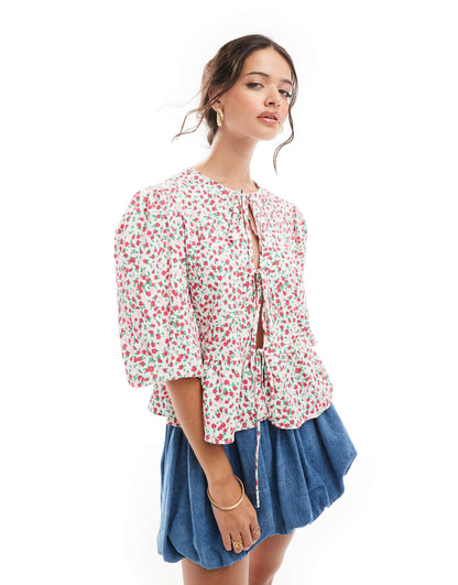 ASOS DESIGN peplum tie shirt top in red & pink ditsy print