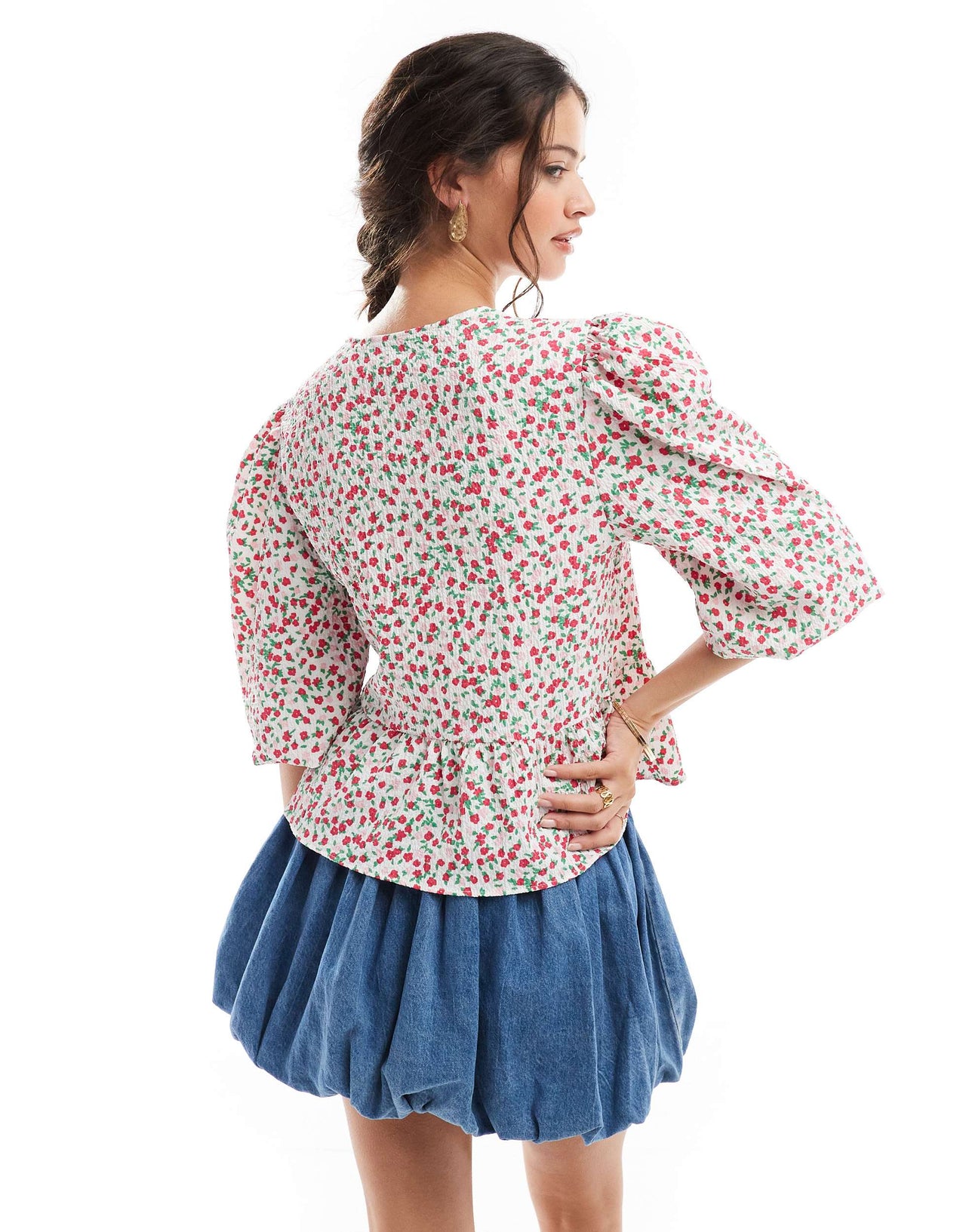 ASOS DESIGN peplum tie shirt top in red & pink ditsy print