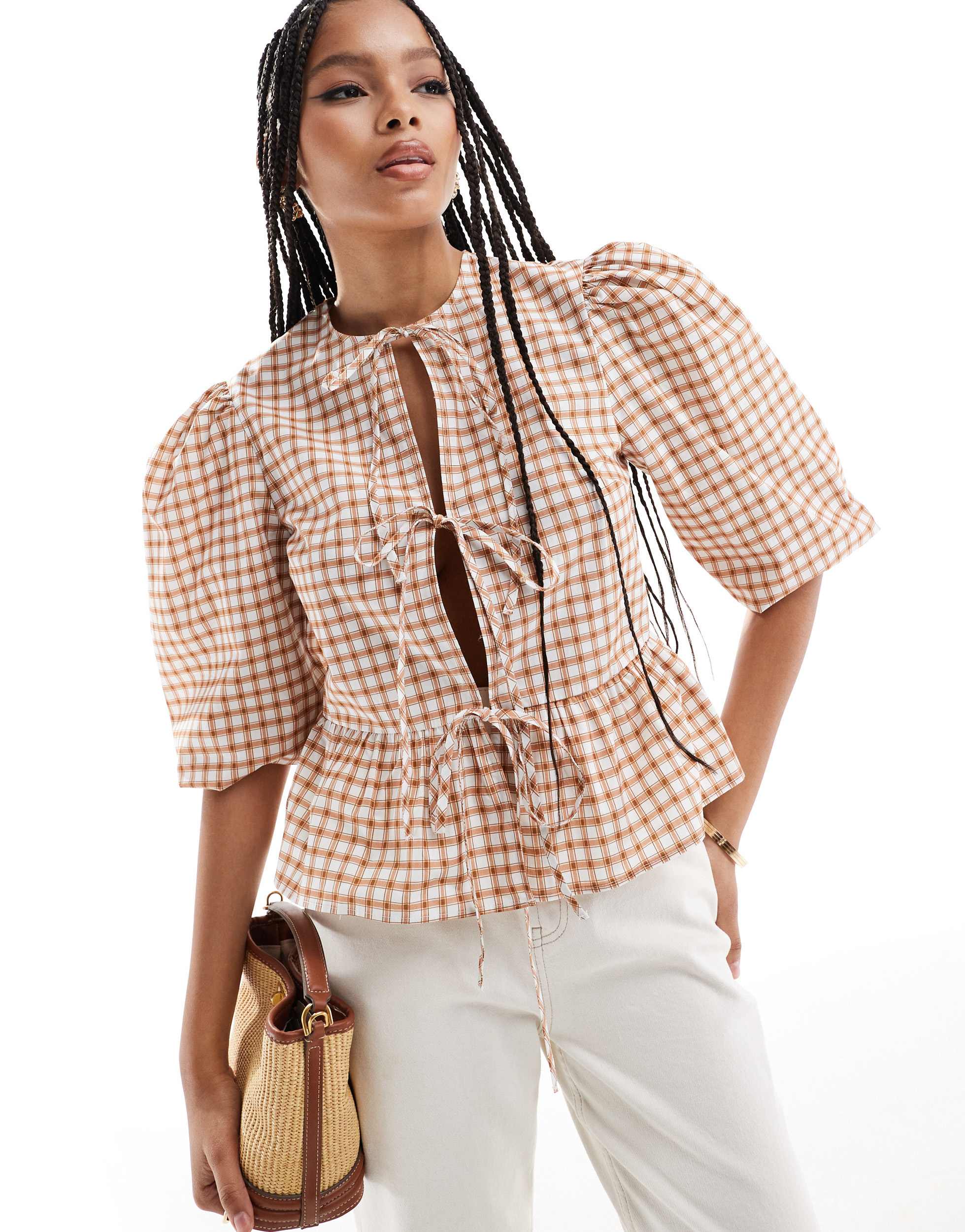ASOS DESIGN cotton poplin peplum tie shirt top in brown check