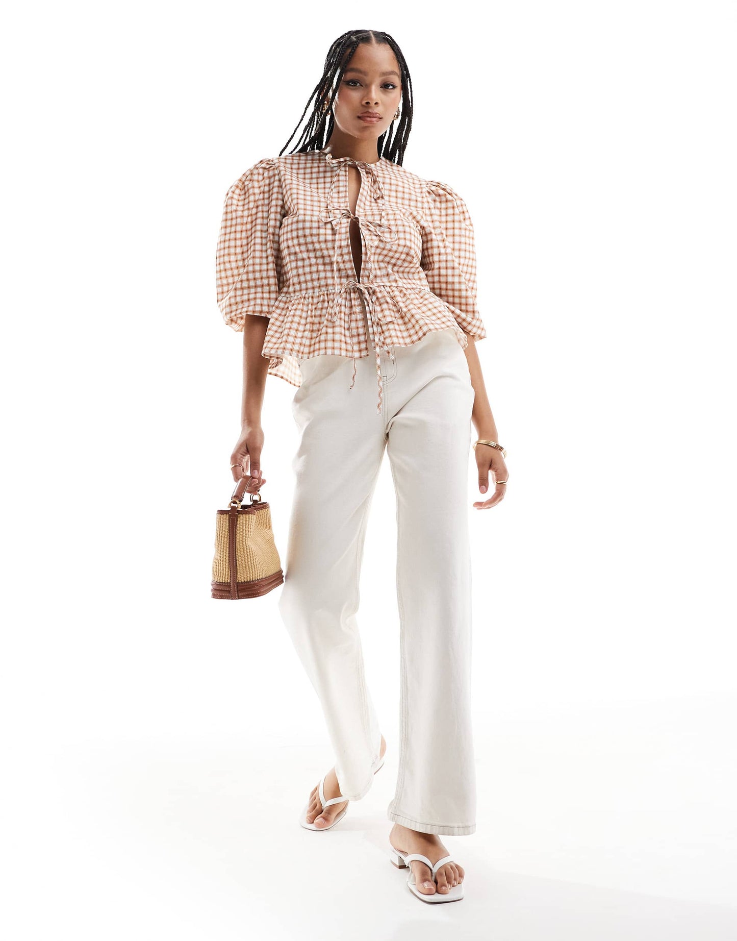 ASOS DESIGN cotton poplin peplum tie shirt top in brown check