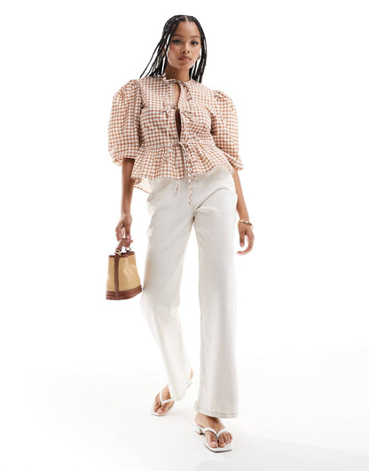 ASOS DESIGN cotton poplin peplum tie shirt top in brown check