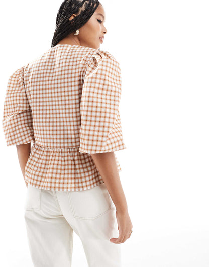 ASOS DESIGN cotton poplin peplum tie shirt top in brown check