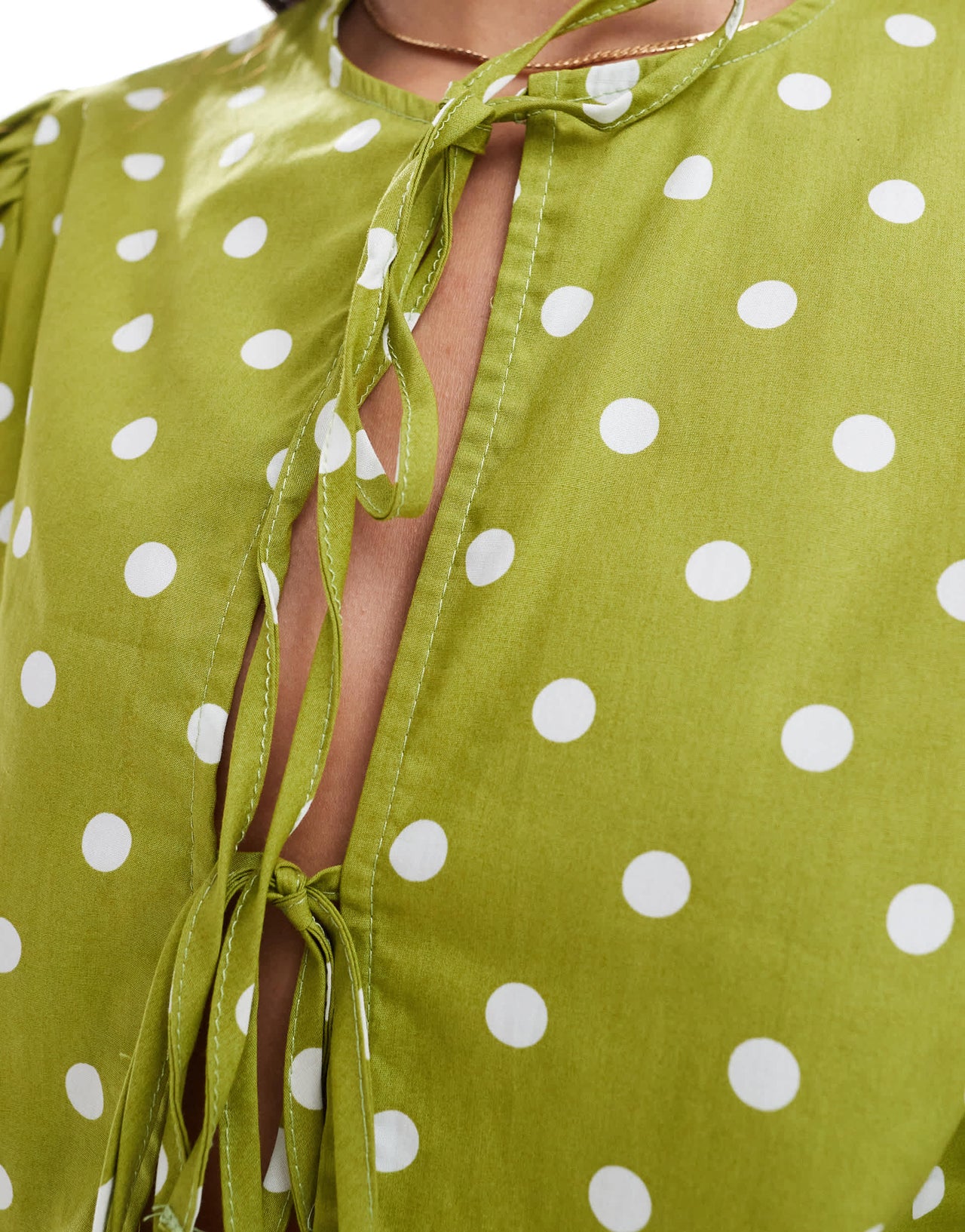 ASOS DESIGN cotton poplin peplum tie shirt top  in green & white spot print