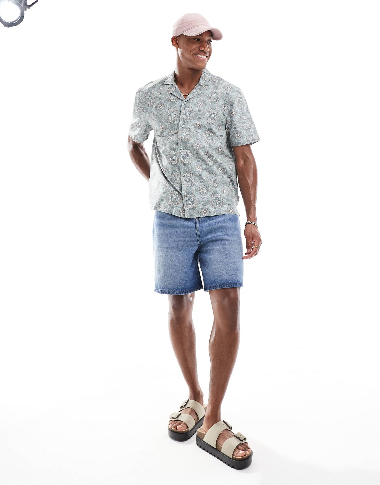 Hollister short sleeve revere collar geometric print poplin shirt boxy fit in light blue