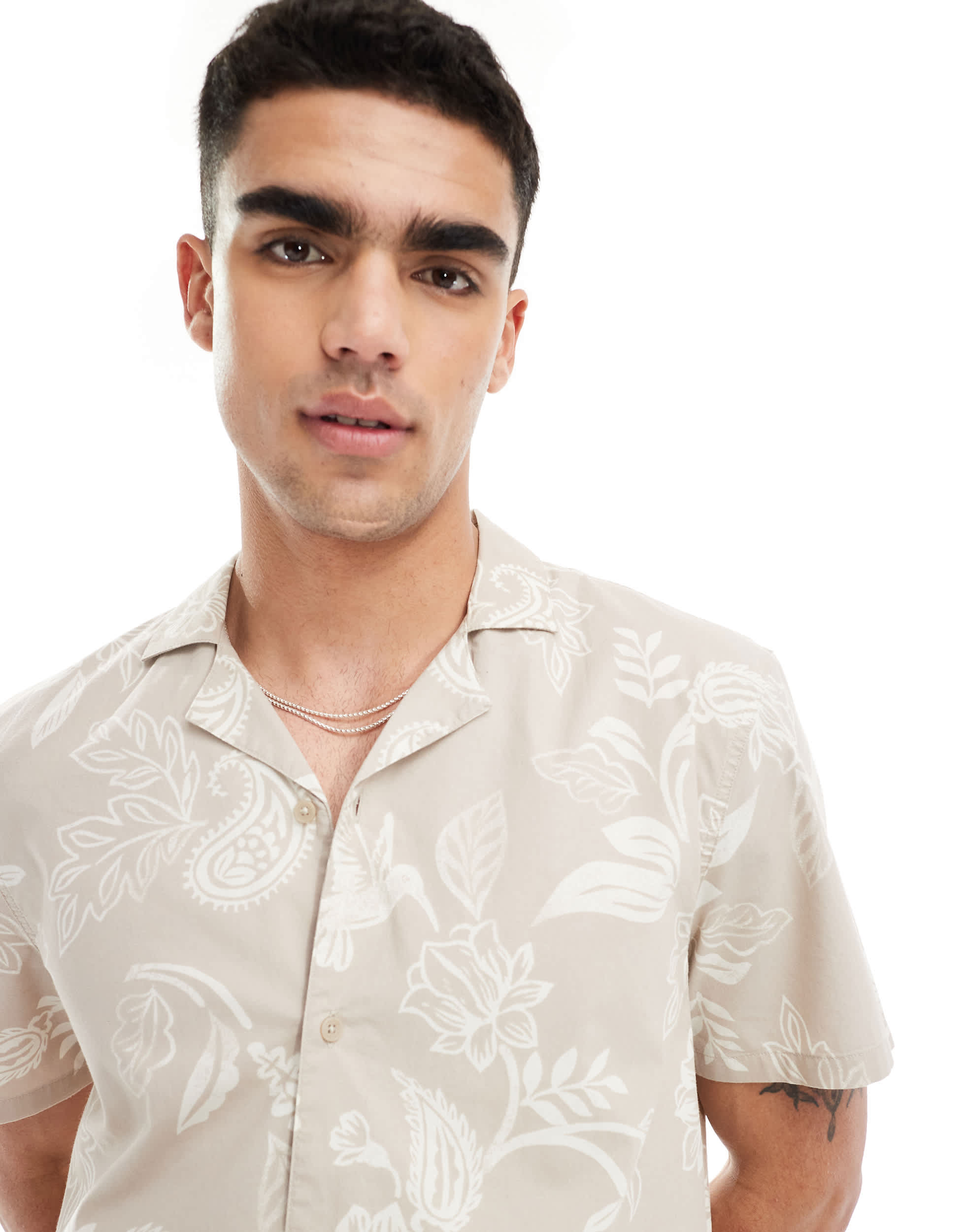 Hollister short sleeve revere collar floral print poplin shirt boxy fit in beige