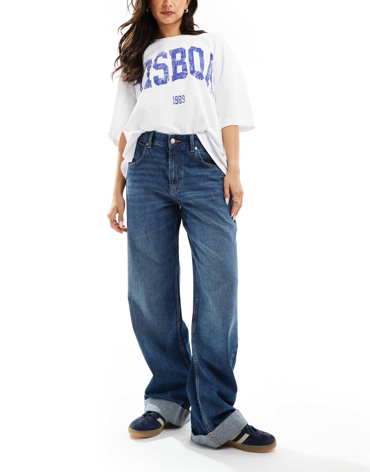 ASOS DESIGN turn up hem  baggy  jeans in mid blue
