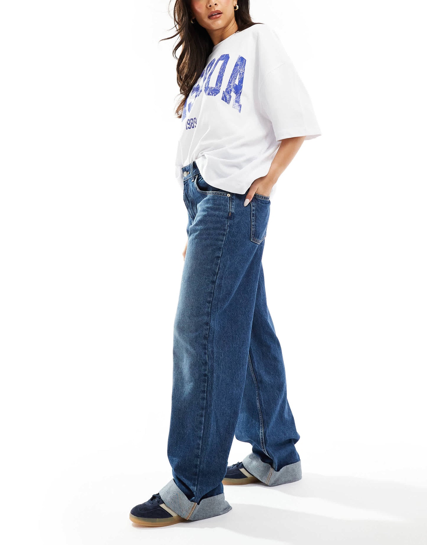 ASOS DESIGN turn up hem  baggy  jeans in mid blue