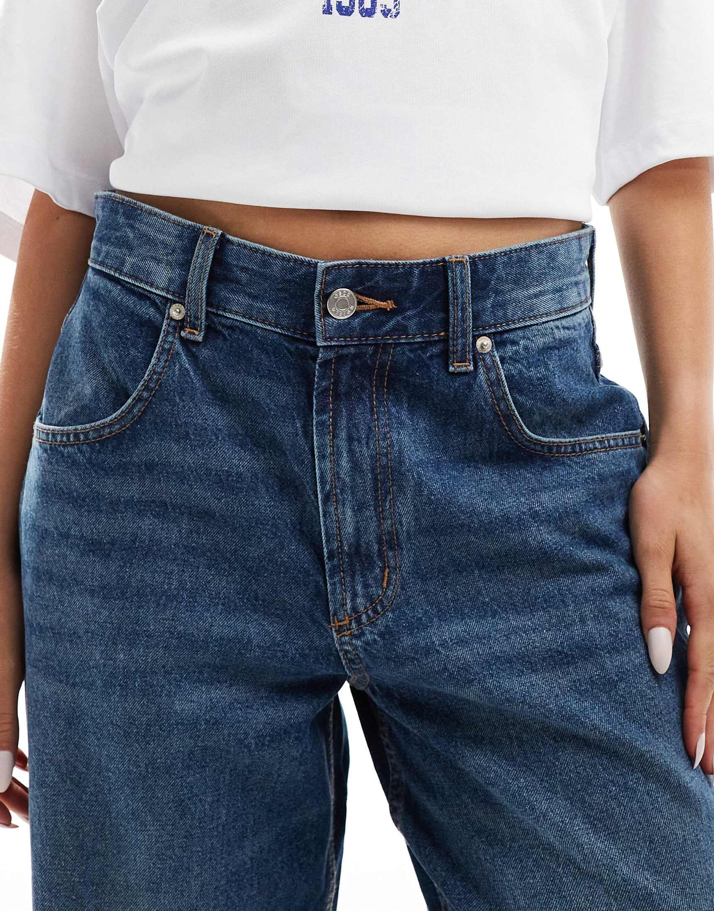 ASOS DESIGN turn up hem  baggy  jeans in mid blue
