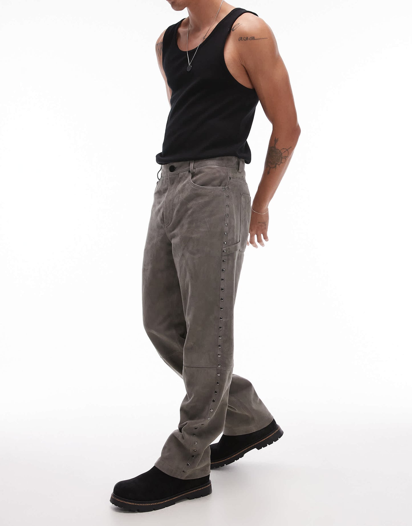 Topman premium straight studded suede trousers in grey