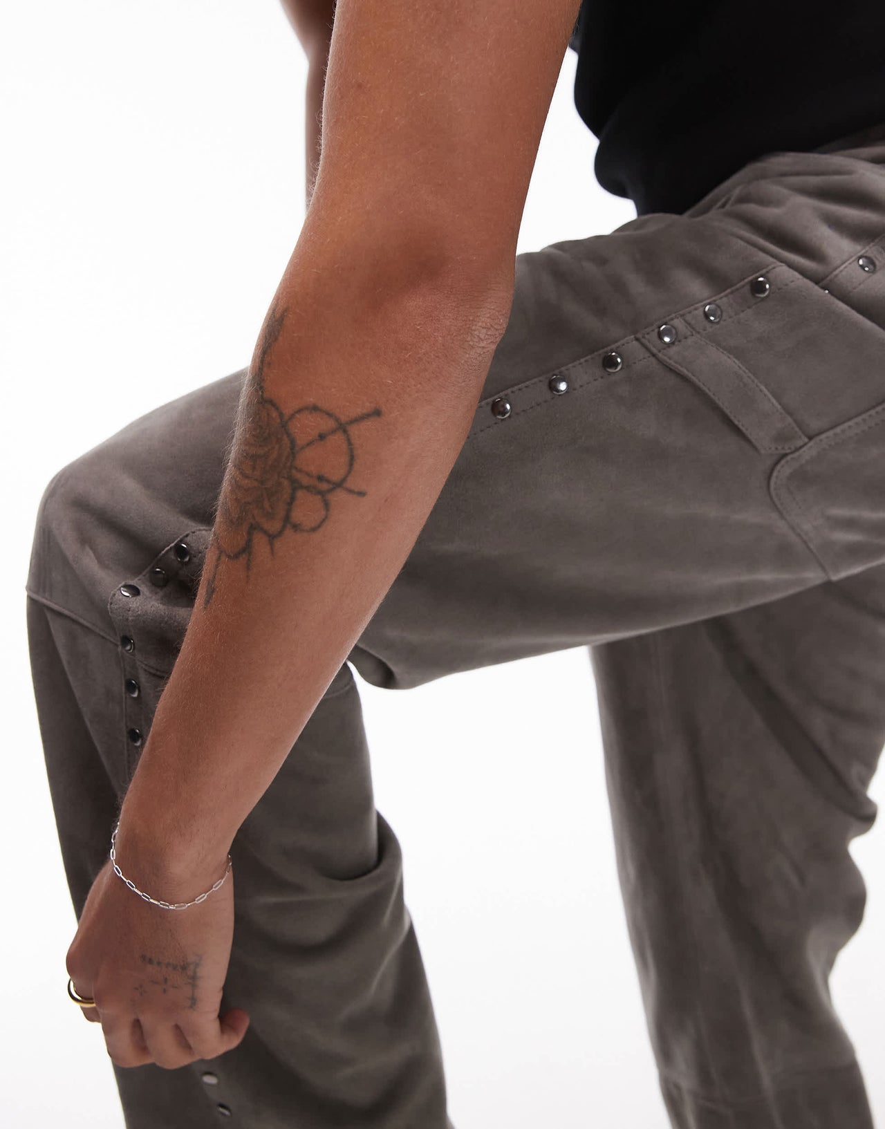 Topman premium straight studded suede trousers in grey