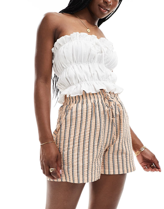 ASOS DESIGN seersucker tie waist shorts in natural stripe