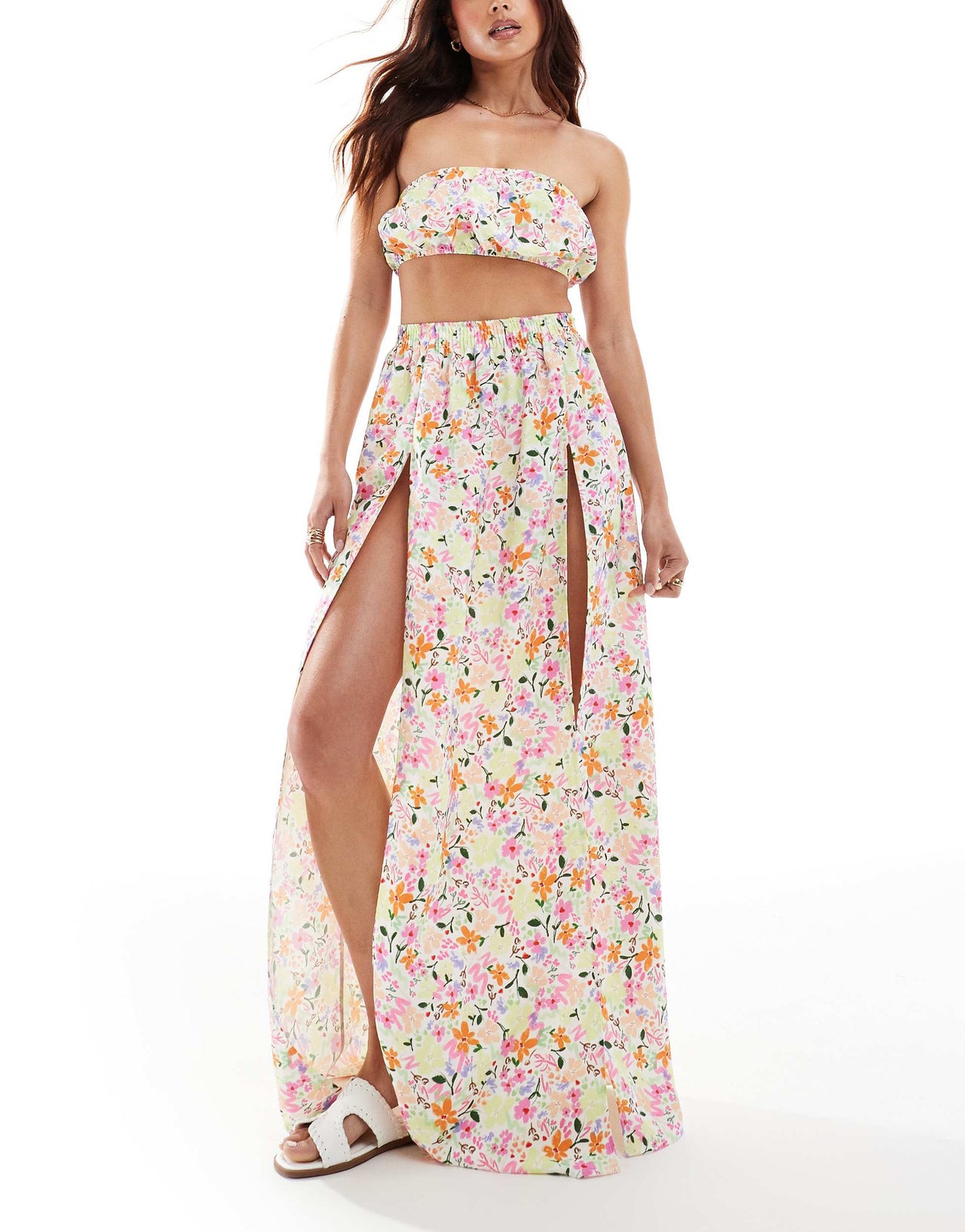 ASOS DESIGN bandeau beach crop top co-ord in scribble floral print