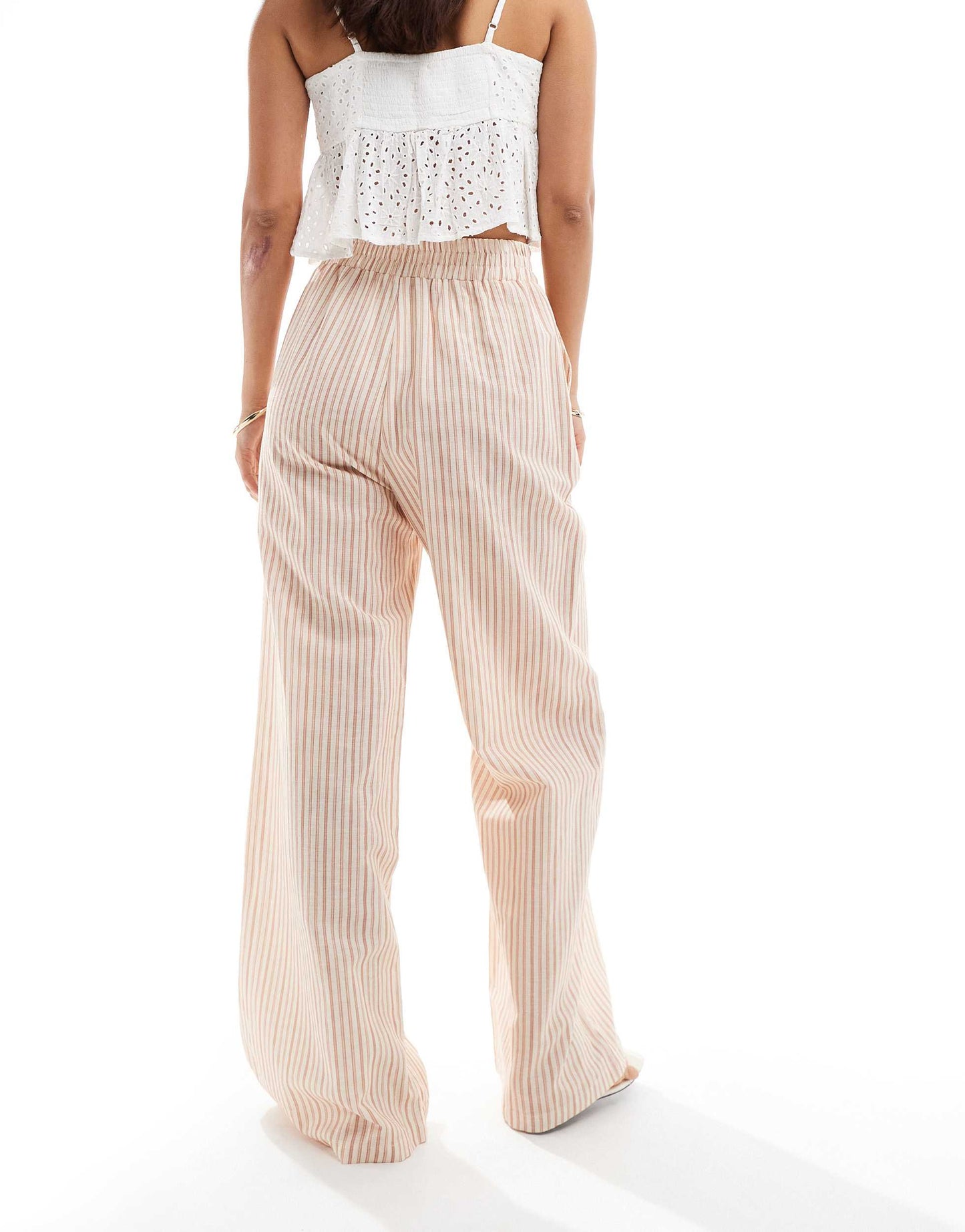 ASOS DESIGN tie waist wide leg trouser with linen in brown & cream stripe