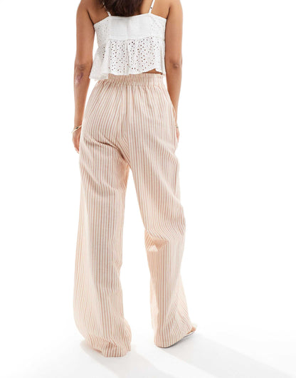 ASOS DESIGN tie waist wide leg trouser with linen in brown & cream stripe