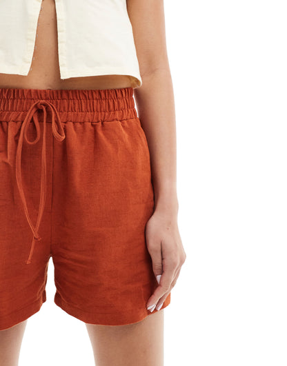 ASOS DESIGN tie waist pull on short with linen in terracotta