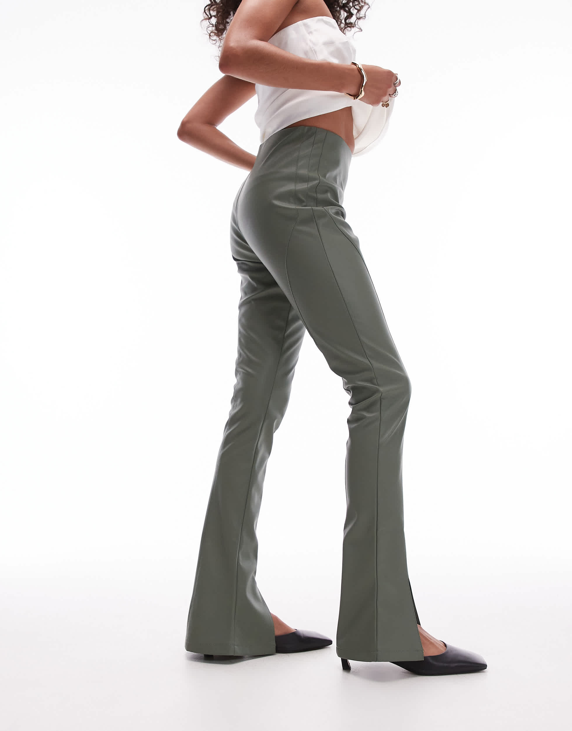 Topshop faux leather seamed flare trouser in khaki