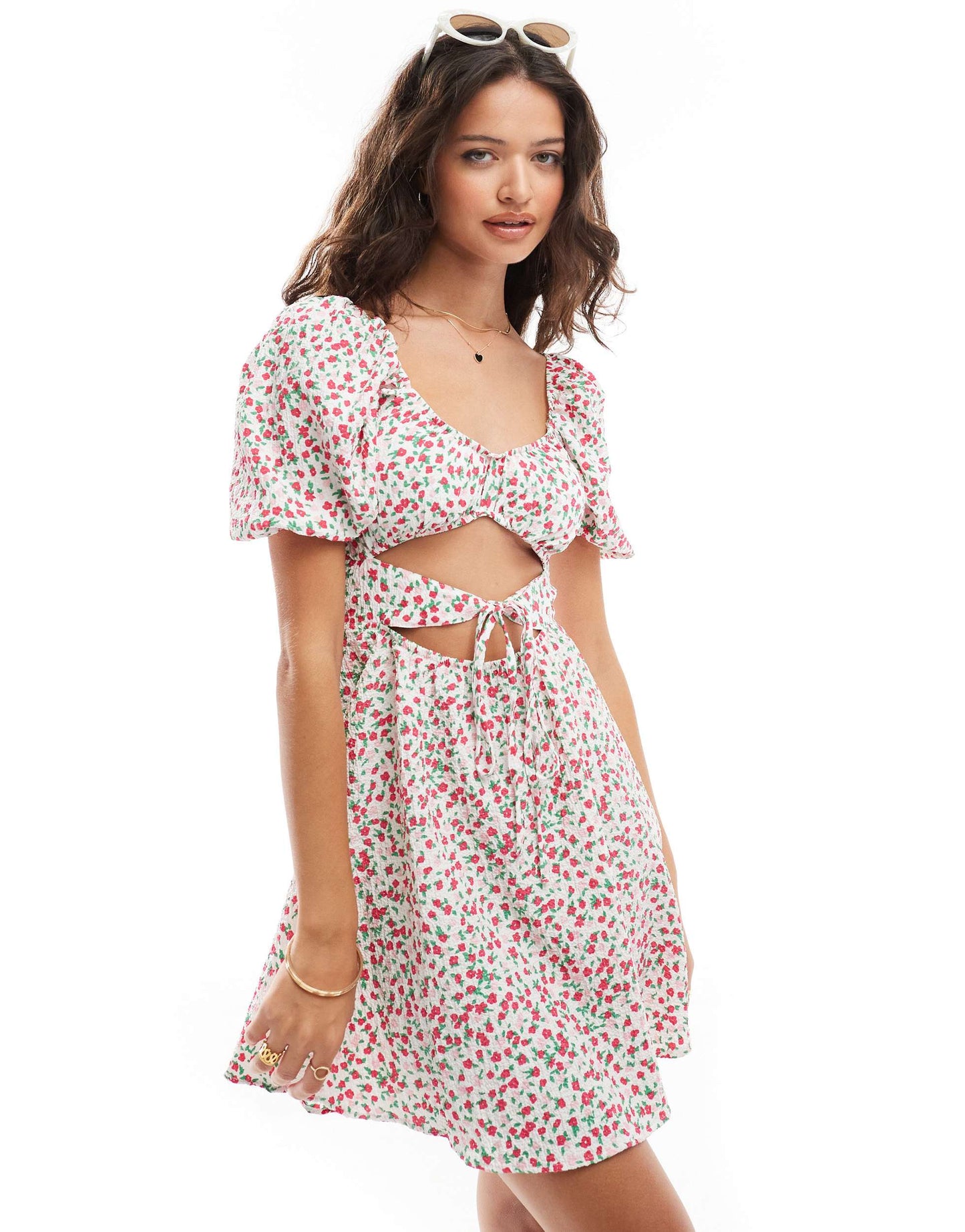 ASOS DESIGN ruched sweetheart neckline mini dress with cut out in pink & red ditsy floral
