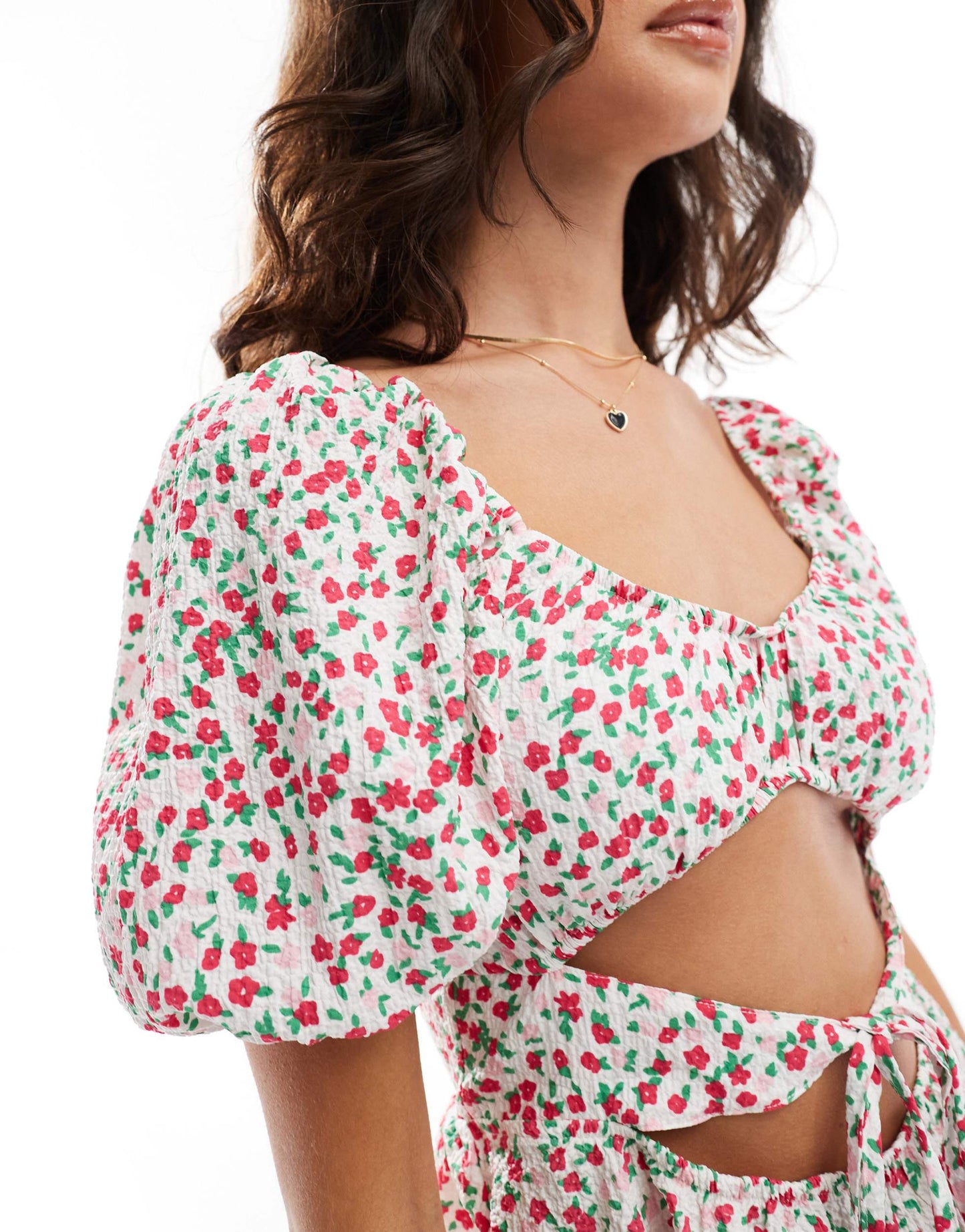 ASOS DESIGN ruched sweetheart neckline mini dress with cut out in pink & red ditsy floral