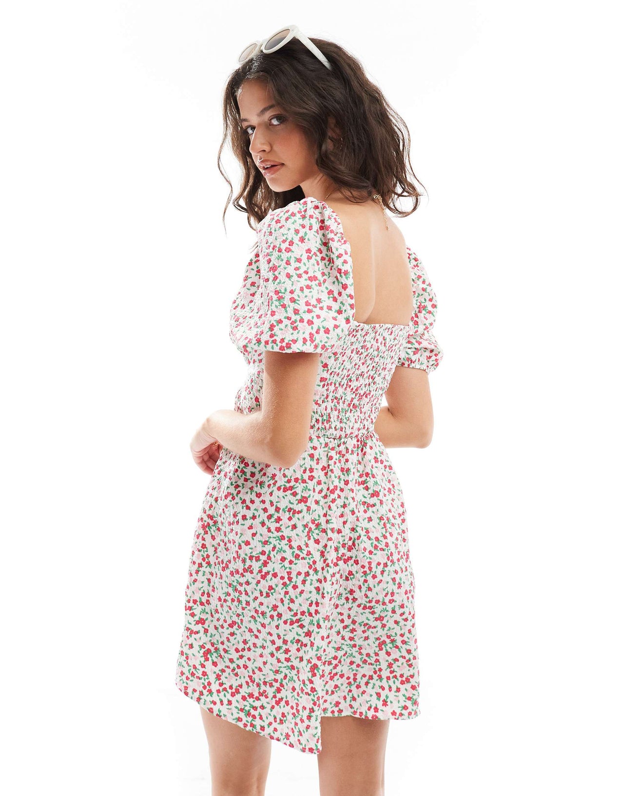 ASOS DESIGN ruched sweetheart neckline mini dress with cut out in pink & red ditsy floral