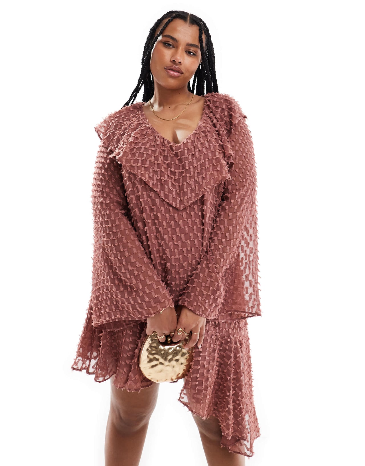 ASOS DESIGN Curve v neck asymmetric hem dobby mini dress in rose