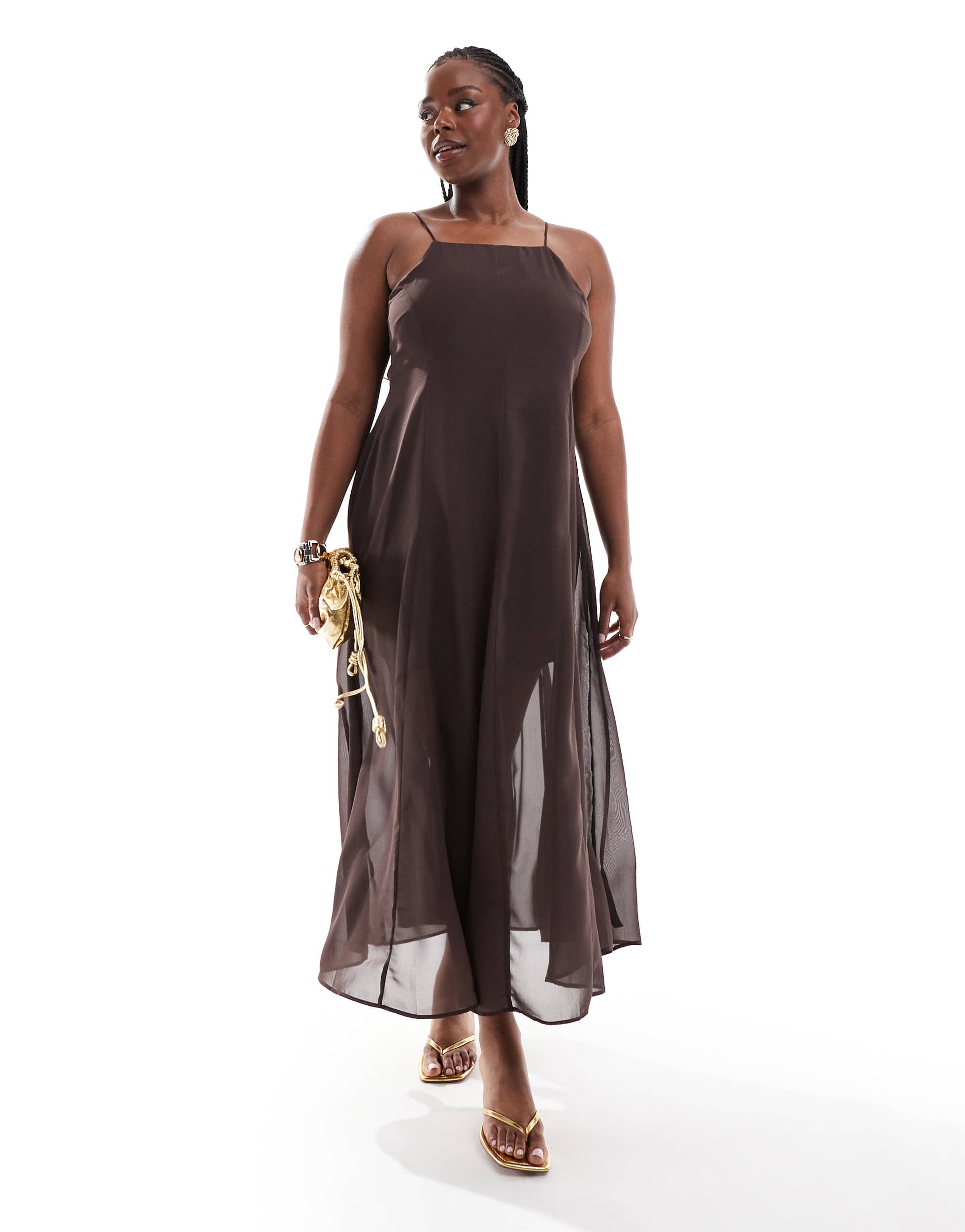 ASOS DESIGN Curve  square neck midi dress with godets in chocolate