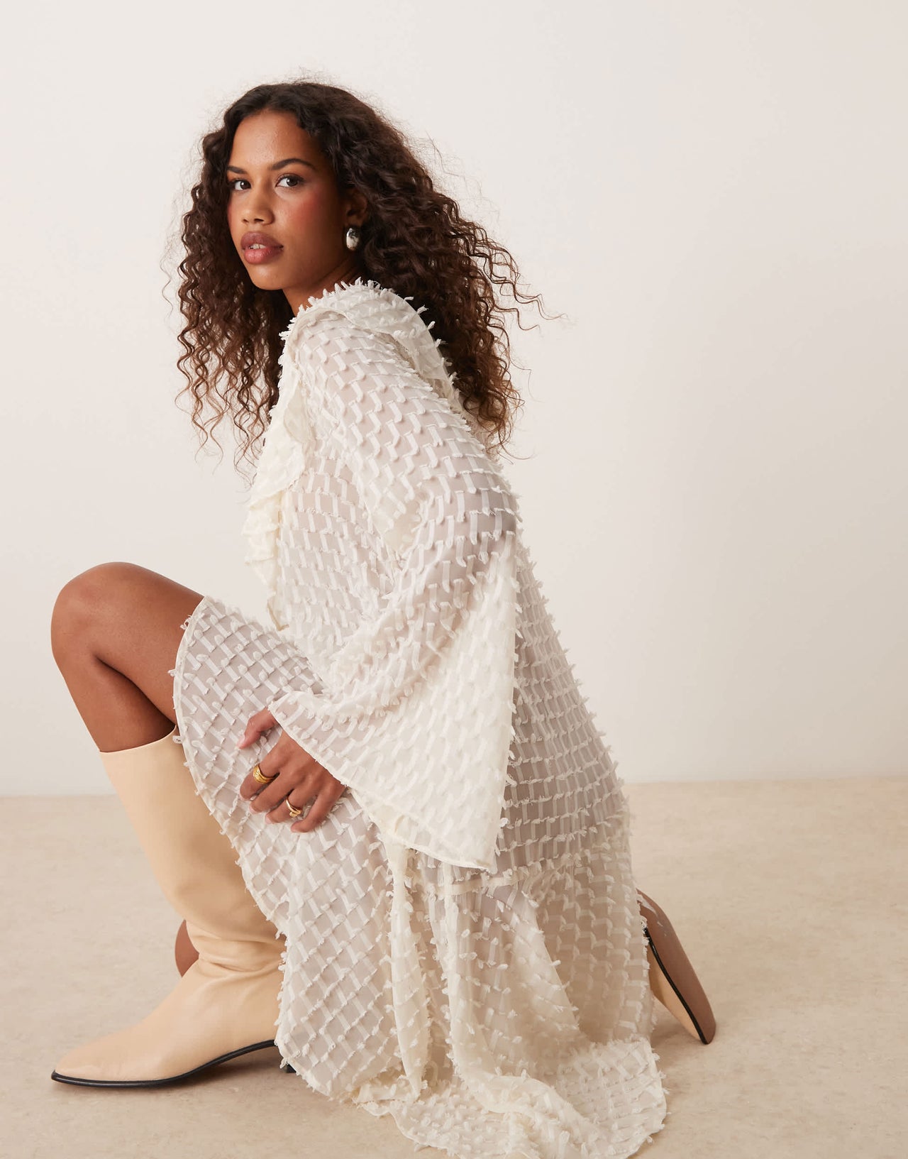 ASOS DESIGN v neck asymmetric hem dobby mini dress in winter white