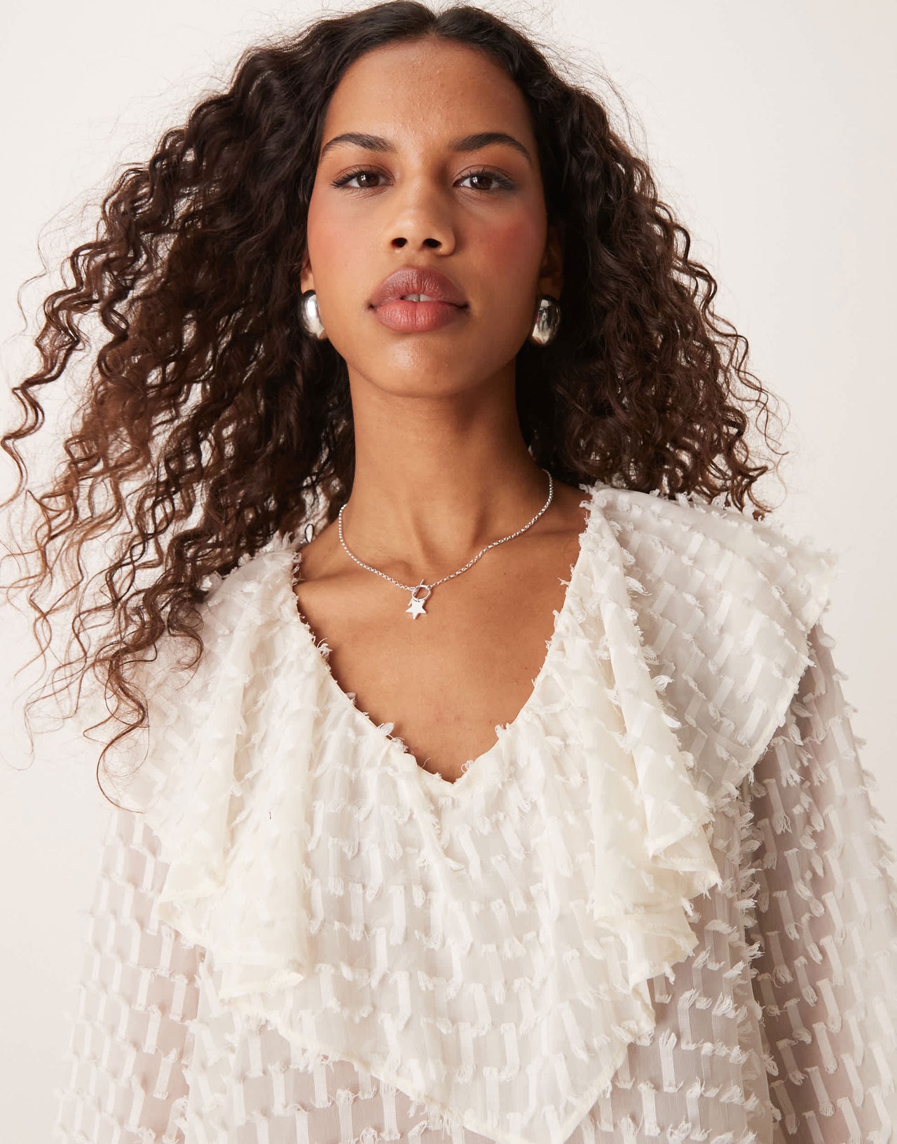 ASOS DESIGN v neck asymmetric hem dobby mini dress in winter white